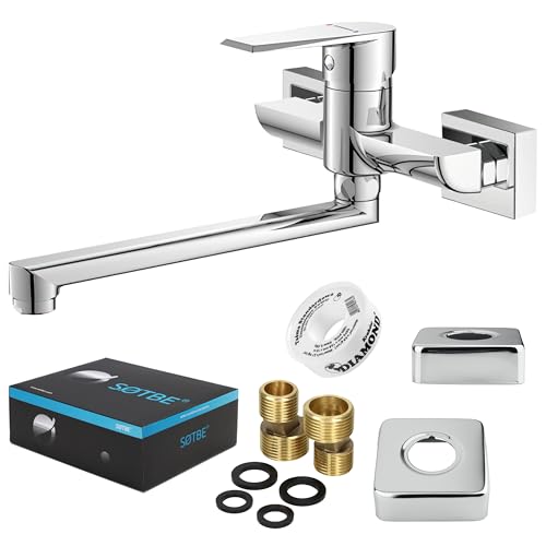 SOTBE Wasserhahn Küche Massiv Messing 1500g - Küchenarmatur Wandmontage Chrom - Mischbatterie mit Keramikkartusche - Wassersparende Spülbecken Armatur Küche - 30 cm Auslauf 360° Drehbar - Komplettset SOTBE Wasserhahn Küche Massiv Messing 1500g - Küchenarmatur Wandmontage Chrom - Mischbatterie mit Keramikkartusche - Wassersparende Spülbecken Armatur Küche - 30 cm Auslauf 360° Drehbar - Komplettset von SOTBE