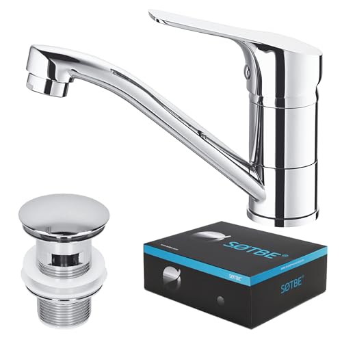 SOTBE Wasserhahn Bad Massiv Messing 1100 g - Waschtischarmatur Bad mit Ablaufgarnitur Chrom - Waschtisch Armatur Badezimmer - Wassersparende Mischbatterie Waschbecken - Auslauf 360° Drehbar von SOTBE