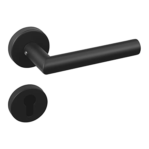 SOTECH 1 Set Edelstahl Drückergarnitur WILMA schwarz matt Profilzylinder (PZ) Türgriffe auf Rund Rosettengarnitur Drückerpaar mit Befestigungsmaterial von SOTECH