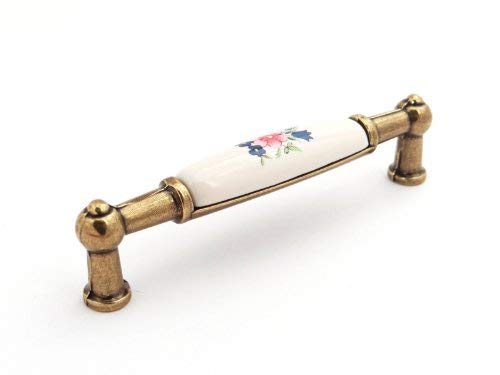 SO-TECH® Landhaus Porzellangriff Möbelgriffe Cremefarbig mit Blumendekor/Messingoptik Antik BA 96 mm von SOTECH