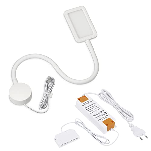 SOTECH 12 V LED Leseleuchte Square weiß (5 W, warmweiß 3000K) Flexleuchte inkl. Netzteil mit flexiblem Leuchtenarm und Touchsensor Schwanenhalsleuchte von SOTECH