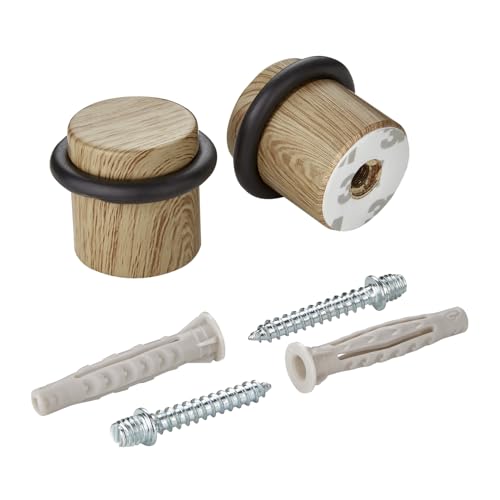 SOTECH 2er Set Stahl Türstopper STOPPER Bodenmontage (Ø 36 mm, Höhe 32 mm, Eiche Holzdekor) Anschlagschutz mit Gummipuffer zum Schrauben und Kleben von SOTECH