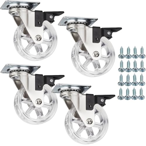 SOTECH 4 Stück Möbelrollen RAPID Ø 75 mm transparent mit Bremse (Feststeller) inkl. Schraubenset Belastbarkeit bis 140 kg (35 kg pro Lenkrolle) von SOTECH