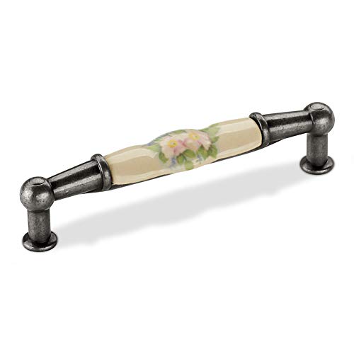 SOTECH Möbelgriff ETTA BA 96 mm Höhe 26 mm Porzellan/Altsilber creme Blume Landhausgriff Küchengriff Schubladengriff von JUNKER Design von SOTECH