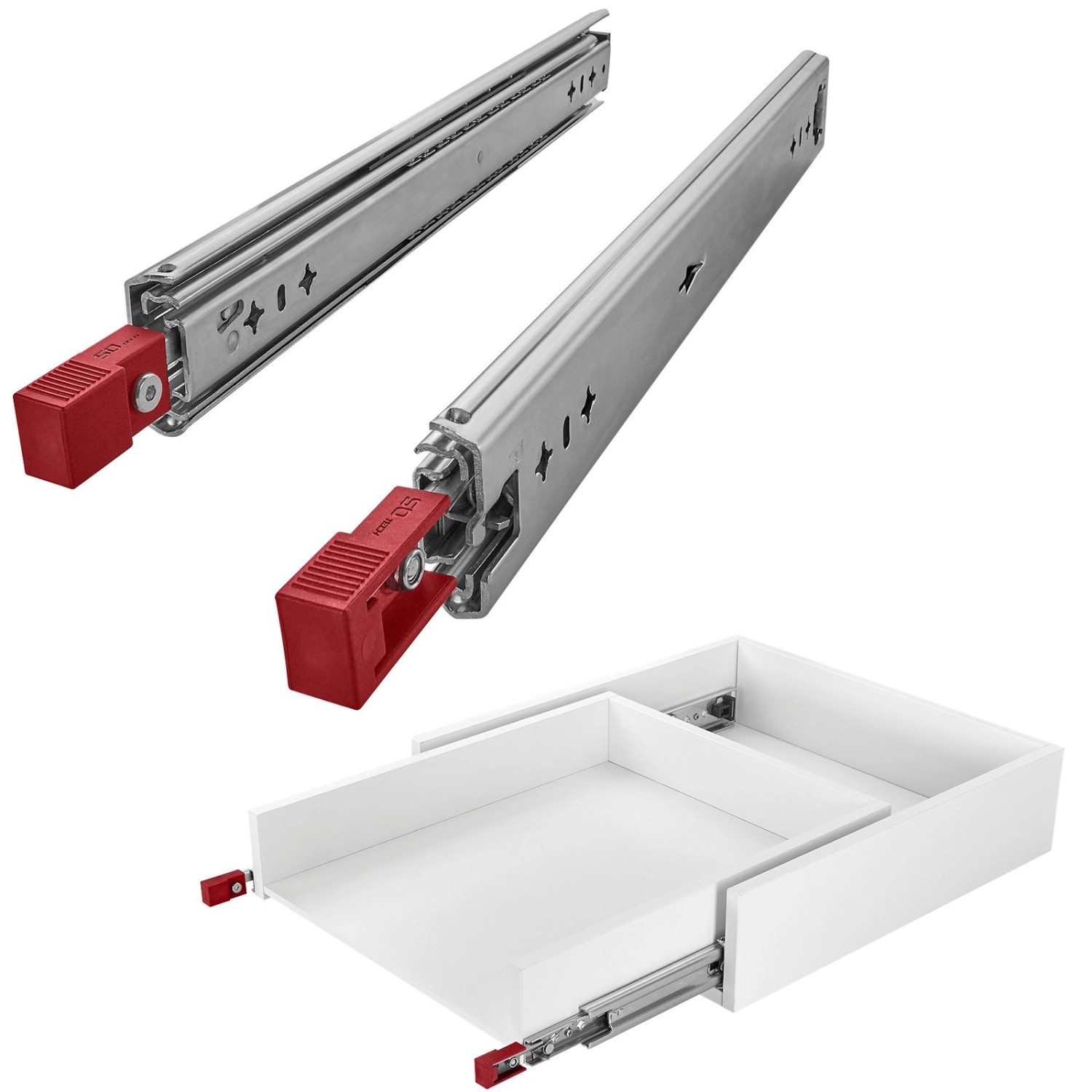 SOTECH Schwerlastauszug VarioSlide KV2-100-H53-L950-EH 950 mm Lock In Out Einrastfunktion mit Rotem Hebel Schubladenschiene Belastbar bis 100 Kg von SOTECH