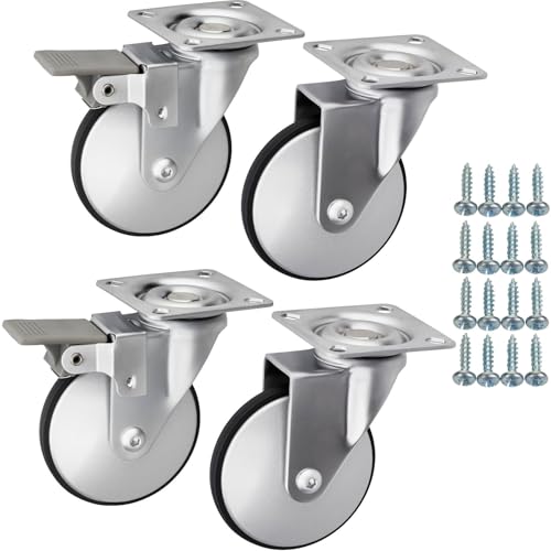 SOTECH Set Möbelrollen LINDAU Ø 75 mm silbergrau/schwarz 2 x mit und 2 x ohne Bremse (Feststeller) inkl. Schraubenset Belastbarkeit bis 140 kg (35 kg pro Lenkrolle) von SOTECH