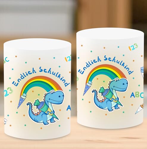 12 Windlicht Tischdeko Einschulung Junge,Dinosaurier Einschulung Deko 2024，Schulanfang Deko mit Bunten ABC Zuckertüte，Blau Schulkind Deko,Geeignet für Teelicht oder Kerzen (Dinosaurier) von SOTEFAYE