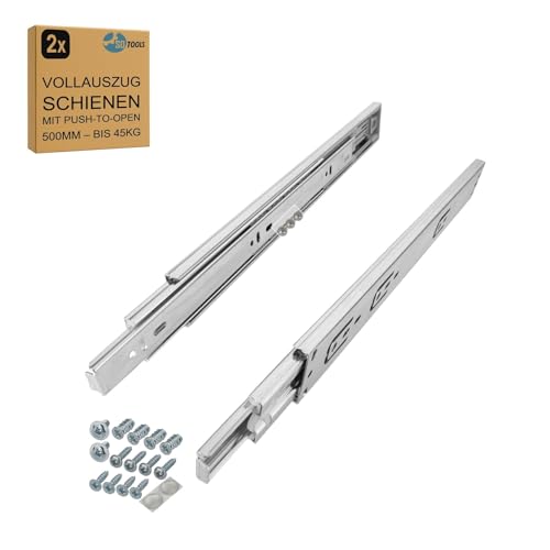 SOTOOLS 1 Paar kugelgelagerte Schubladenschienen mit PUSH-TO-OPEN 500 mm – Vollauszug aus Stahl – 45 kg Tragkraft – Schubladen & Möbel Schubladenauszug 500 mm – Werkstatt Küchenschränke Schrankauszug von SOTOOLS