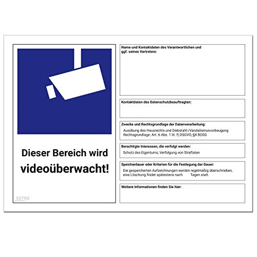 DSGVO Videoüberwachung Schild/Aufkleber, BDSG Video Symbol DIN 33450, Gr. A4 von SOTRO
