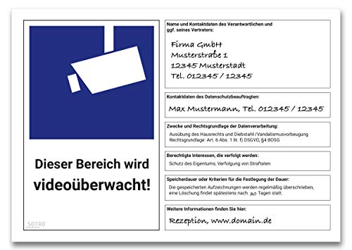 DSGVO Videoüberwachung Schild/Aufkleber, BDSG Video Symbol DIN 33450, Gr. A5 von SOTRO