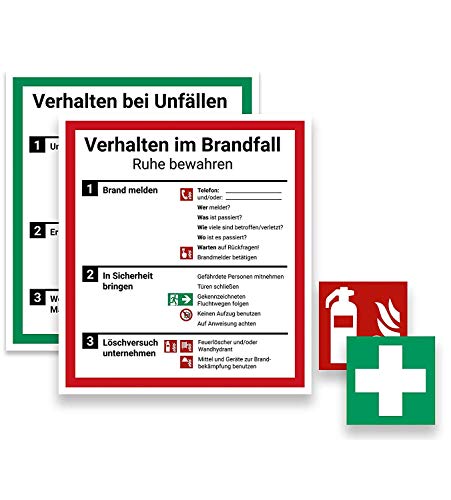 Schild Aushang Verhalten im Brandfall und Verhalten bei Unfällen als Set, Klebe Plakat 18x20cm, mit UV-Schutz, PVC-Aufkleber, ISO 7010, Betriebsaushang Notfallplan von SOTRO