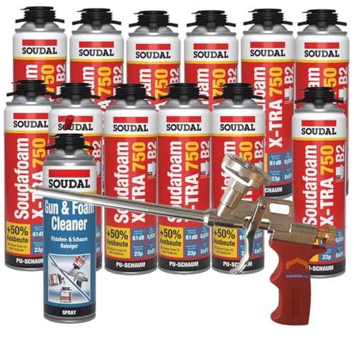 Soudal Kombi Set 12 x Soudafoam B2 X-TRA750 500ml Pistolenschaum Verfüllung Bauanschlussfugen inkl. Reiniger + Schaumpistole Compact- gebrauchsfertig, schall- und wärmedämmend von Soudal