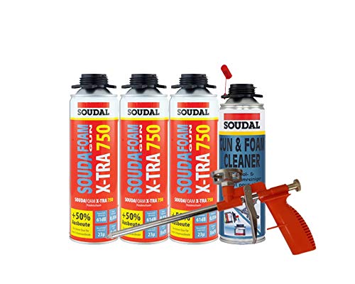 Soudal Kombi Set 3 x Soudafoam B2 X-TRA750 500ml Pistolenschaum Verfüllung Bauanschlussfugen inkl. Reiniger + Schaumpistole Compact von Soudal