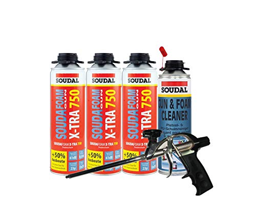 Soudal Kombi Set 3 x Soudafoam B2 X-TRA750 500ml Pistolenschaum Verfüllung Bauanschlussfugen inkl. Reiniger - gebrauchsfertig, schall- und wärmedämmend, genaue Dosierung, formstabil von Soudal