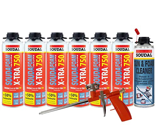 Soudal Kombi Set 6 x Soudafoam B2 X-TRA750 500ml Pistolenschaum Verfüllung Bauanschlussfugen inkl. Reiniger + Schaumpistole Compact- gebrauchsfertig, schall- und wärmedämmend von Soudal