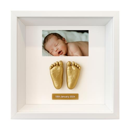 Individuelles Baby Hand und Fußabdruck Set, Gips Handabdruck Erinnerungsrahmen, Babyzimmer Bilderrahmen, 3D Replik mit Text und Fotos, Personalisierte Geschenke für junge Mütter zur Baby Party von SOUFEEL