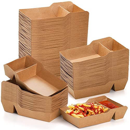 SOUJOY 100 Stück Lebensmittel-Serviertablett, 2 Fächer, Einweg-Kraft-Nacho-Boot-Tablett, fettabweisender, robuster Karton, zum Herausnehmen von Fast-Food-Snack-Haltern für Partys von SOUJOY