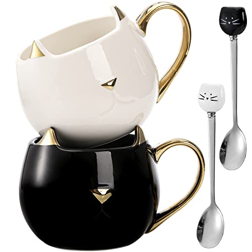 SOUJOY 2 Stück Katze Tasse, 400 ml süße Kaffeetasse, Porzellan-Teetasse mit goldenem Metallic-Finish, einzigartige Kaffeetasse für Geburtstag, Einweihung, Urlaubsparty, schwarz und weiß von SOUJOY