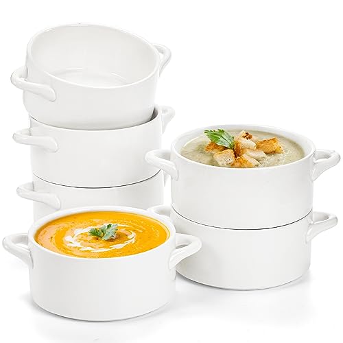 SOUJOY 6 Stück französische Zwiebel-Suppenschüsseln, 625 ml, Porzellan, Serviersuppenschalen mit Griffen, ofenfeste Töpfe für Suppe, Müsli, Kühlen, Topfkuchen, Rindfleischeintopf von SOUJOY