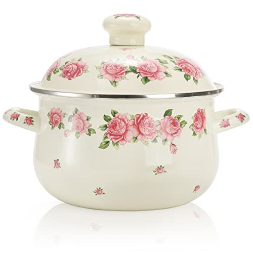 SOUJOY Emaille Suppentopf mit Deckel, 2,8 Quart Retro Kochtopf Vintage Floral Stew Bean Simmer Pot mit Griff, Küche Suppentopf, Sicher für Induktionsherde, Gaskocher von SOUJOY