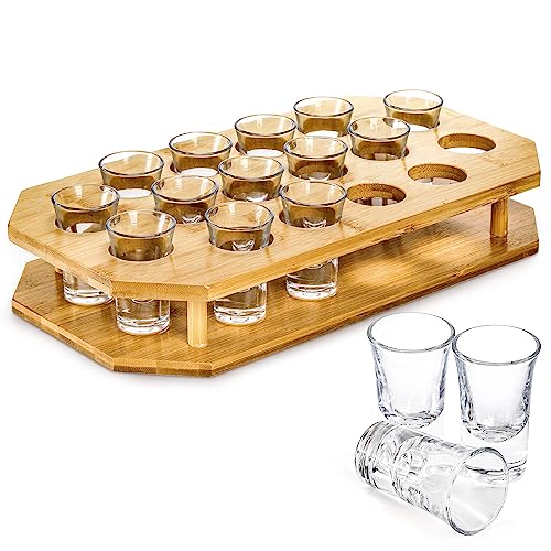 SOUJOY Schnapsglas-Tablett-Halter mit 16 Gläsern, 28,3 g Schnapsglas-Servierset, schwere Basis Bambus-Serviertablett für Tequila, Wodka, Whiskey, Cocktail, Liköre von SOUJOY