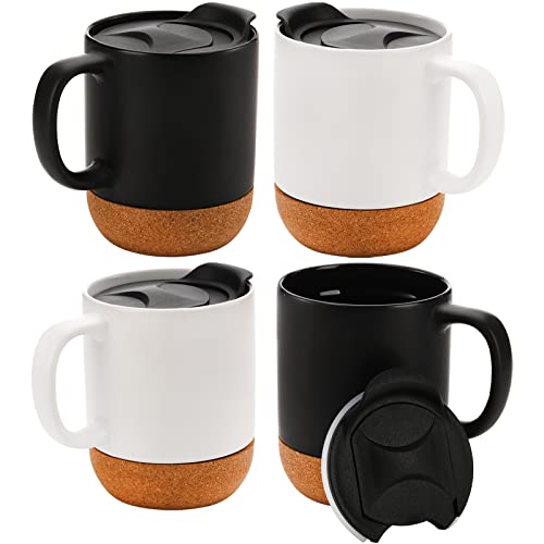 SOUJOY Set mit 4 Kaffeetassen mit Korkboden, 370 ml Keramikbecher mit isoliertem Korkboden und auslaufsicheren Deckeln, Teebecher-Geschenkset für Frauen und Männer von SOUJOY