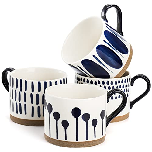 SOUJOY Set mit 4 Porzellan-Kaffeebechern, 425 ml, handbemalte Keramik-Kaffeetassen mit Griffen, glasierte Steingut-Tassen für Tee, Thanksgiving, Weihnachten von SOUJOY