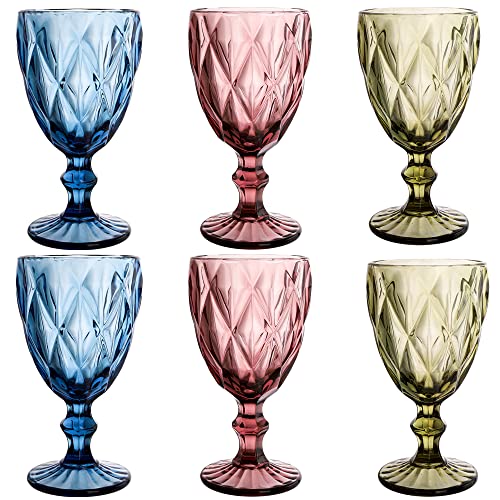 SOUJOY Set mit 6 farbigen Weingläsern, 300 ml, Vintage-Glaskelch mit Stiel, romantisches Rautenmuster, geprägtes Trinkgeschirr für Party, Hochzeit von SOUJOY