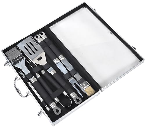 SOUK ONE Edelstahl Grillbesteck-Set 11-teilig Grill-Koffer BBQ Grillkoffer Besteck Zubehör für Männer Geschenk fürs Grillen und Kochen mit Grillbürste Grillgabel Grillzange Grillspieß Pinsel Wender von SOUK ONE