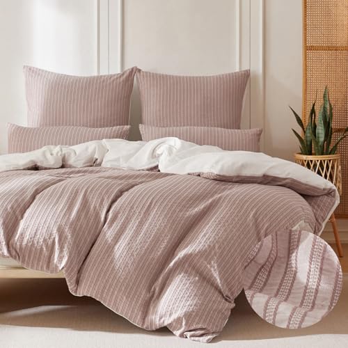 SOULFUL Bettwäsche 155x220 Baumwolle Gestreift, Jacquard Textur Bettwäsche-Set Enthält 1 Bettbezug 155x220 und 1 Kissenbezug 80x80, Bequem und Atmungsaktiv, Öko-Tex 100 Zertifiziert, Staubiges Rosa von SOULFUL