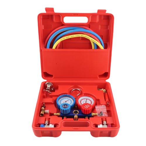 SOULONG R134a Manometer mit dreifarbigen Ladeschläuchen und Adapter, für Klimaanlagen im Auto von SOULONG