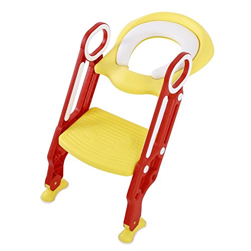 Töpfchentrainer Toilettentrainer Töpfchenstuhl Universal Passend mit verstellbar Treppe/Leiter weicher Sitz-Design Klappbar Rutschfest ab 1 Jahre (Rot+Gelb) von SOULONG