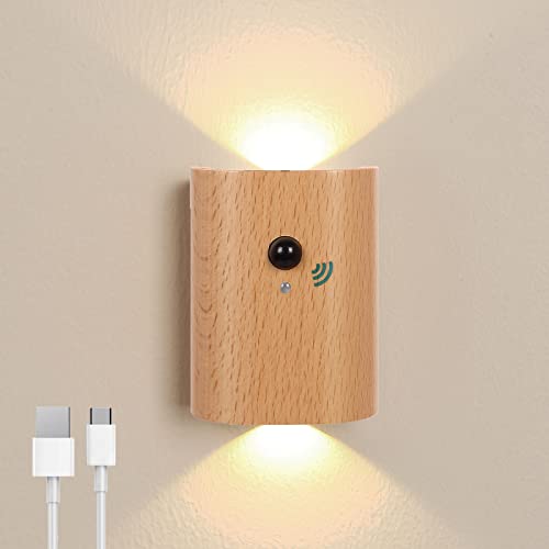 Akku Wandleuchte Ohne Stromanschluss, LED Holz Wandlampe Mit Bewegungsmelder, Kabellose Wandleuchte Innen Ohne Bohren, Batteriebetriebene Treppenlicht, Up Down Design, Magnetisch von SOUNAY