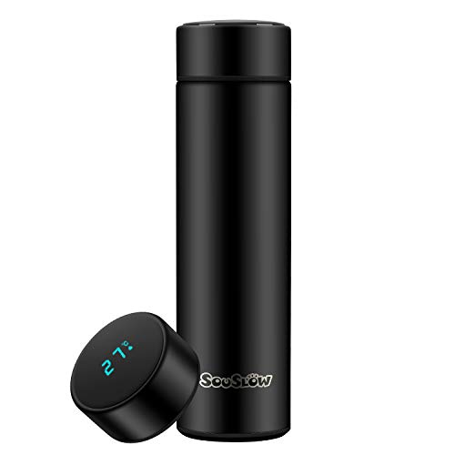 SOUSLOW Travel Mug Reisetasse flasche Intelligente Temperaturanzeige Vakuumisolierte Wasserflasche, auslaufsicher, Kaffeethermosflasche aus Edelstahl, 500 ml (Schwarz) von SOUSLOW