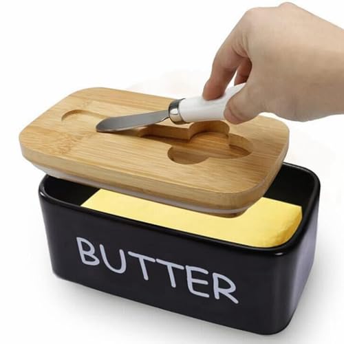 Butterdose aus Porzellan mit luftdichtem Deckel und Buttermesser aus Edelstahl und Butterdose mit Deckel, perfekt als Muttertagsgeschenk (schwarz) von SOUSWEE