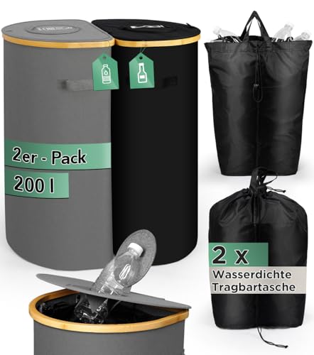 SOUTHGATE 2er Pack Pfandflaschen Sammelbehälter mit Deckel, 200L Pfandbehälter 2 Fächer, Leergut & Altglas Aufbewahrung mit Loch [inkl. 2 XXL Tragetasche], Faltbar Mülleimer für Küche & Abstellraum von SOUTHGATE