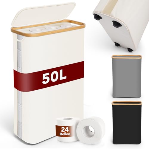 SOUTHGATE Größer Toilettenpapier Aufbewahrung Box mit Deckel aus Bambus, 50L Klopapier Aufbewahrung für 16-24 WC Rolle, Sichtbarkeit Klorollenaufbewahrung mit Füße, Badezimmer Organizer mit Griff von SOUTHGATE