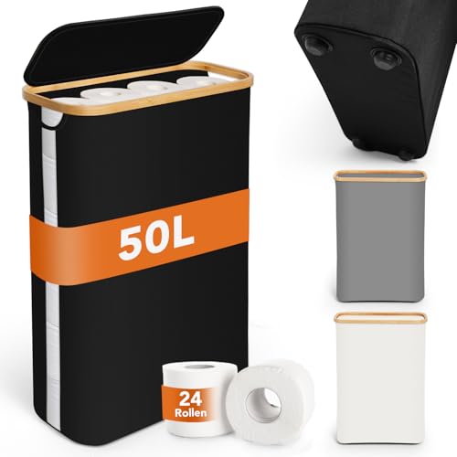SOUTHGATE Größer Toilettenpapier Aufbewahrung Box mit Deckel aus Bambus, 50L Klopapier Aufbewahrung für 16-24 WC Rolle, Sichtbarkeit Klorollenaufbewahrung mit Füße, Badezimmer Organizer mit Griff von SOUTHGATE