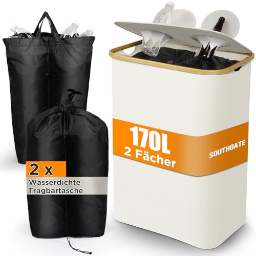 SOUTHGATE Pfandflaschen Sammelbehälter 2 Fächer, 170L Pfandbehälter, Leergut & Altglas Aufbewahrung mit Loch [inkl. 2 XXL Tragetasche], Faltbar Mülleimer mit Deckel für Küche & Abstellraum, Beige von SOUTHGATE