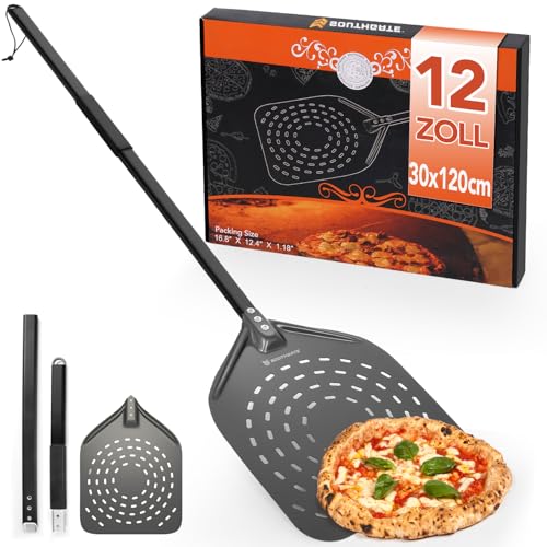 SOUTHGATE Pizzaschieber Perforiert - 30 x 35 x 120 cm Perforierte Pizzaschaufel aus Hart Eloxiertes Aluminium, Pizzawender mit Langem Abnehmbarem Silikongriff, Pizzaheber für Backofen Pizzaofen von SOUTHGATE