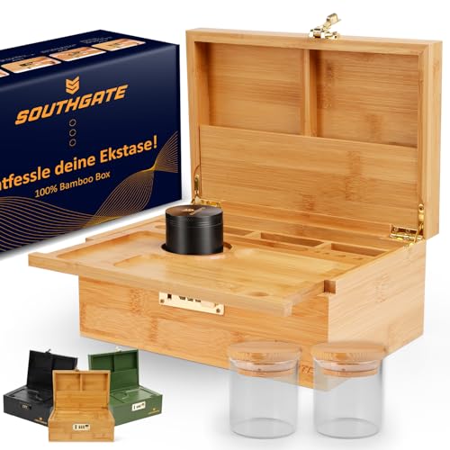 SOUTHGATE Premium Geschenk Set, Abschließbare Bambus-Box, Aufbewahrungsbox mit abnehmbarem Tablett(25 * 17 * 11 CM, Bambus) von SOUTHGATE