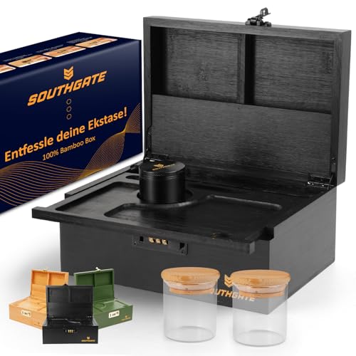 SOUTHGATE Premium Geschenk Set, Abschließbare Bambus-Box, Aufbewahrungsbox mit abnehmbarem Tablett(25 * 17 * 11 CM, Schwarz) von SOUTHGATE