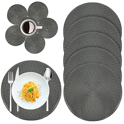 SOUTHGATE Tischsets Abwaschbar 12er Set Platzsets Rund Doppelseitigen Tischläufer Hitzebeständig rutschfest Platzdeckchenn aus PP 6er 38cm Tischuntersetzer Platzset und 6er 10cm Glas Untersetzer(GRAU) von SOUTHGATE