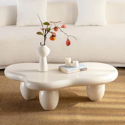 SOUWOFS Weißer Wolke Couchtisch für Wohnzimmer Mitte Jahrhunderts Moderner Kaffetisch Wolkenförmiger Couchtisch Asymmetrischer Unregelmäßiger Mitteltisch mit 3 Ovalen Beinen für Bauernhaus von SOUWOFS