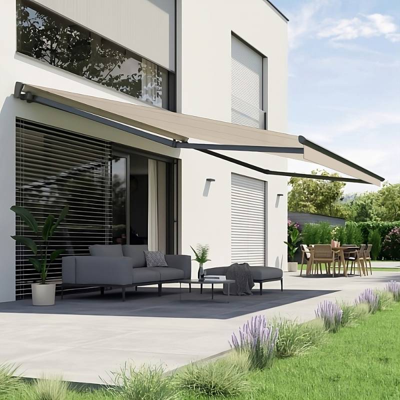Gelenkarmmarkise S-Major | 3,5x3 m | Stoff: Uni, elfenbein | Gestell: Anthrazit | SOWERO Gelenkarmmarkise Funkmotor inkl. Handsender von SOWERO
