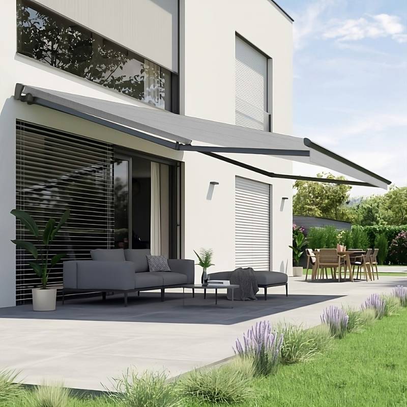 Gelenkarmmarkise S-Major | 4,5x3,5 m | Stoff: Uni, grau meliert | Gestell: Anthrazit | SOWERO Gelenkarmmarkise Funkmotor inkl. Handsender von SOWERO