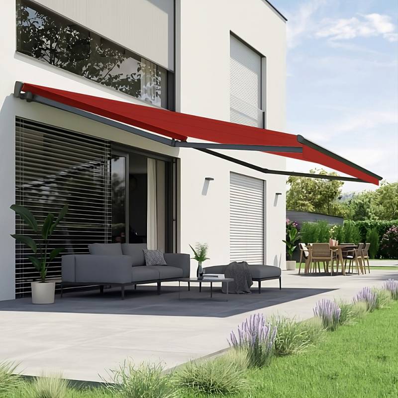 Gelenkarmmarkise S-Major | 6,5x3 m | Stoff: Uni, rot | Gestell: Anthrazit | SOWERO Gelenkarmmarkise Funkmotor inkl. Handsender von SOWERO