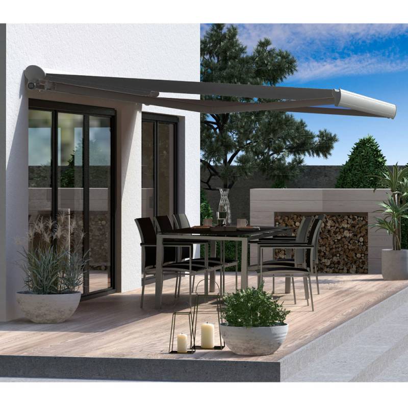 Halbkassettenmarkise H-Fine | 4x2 m | Stoff: dunkelgrau | Gestell: Graualu | Bedienung: Kurbelantrieb von SOWERO