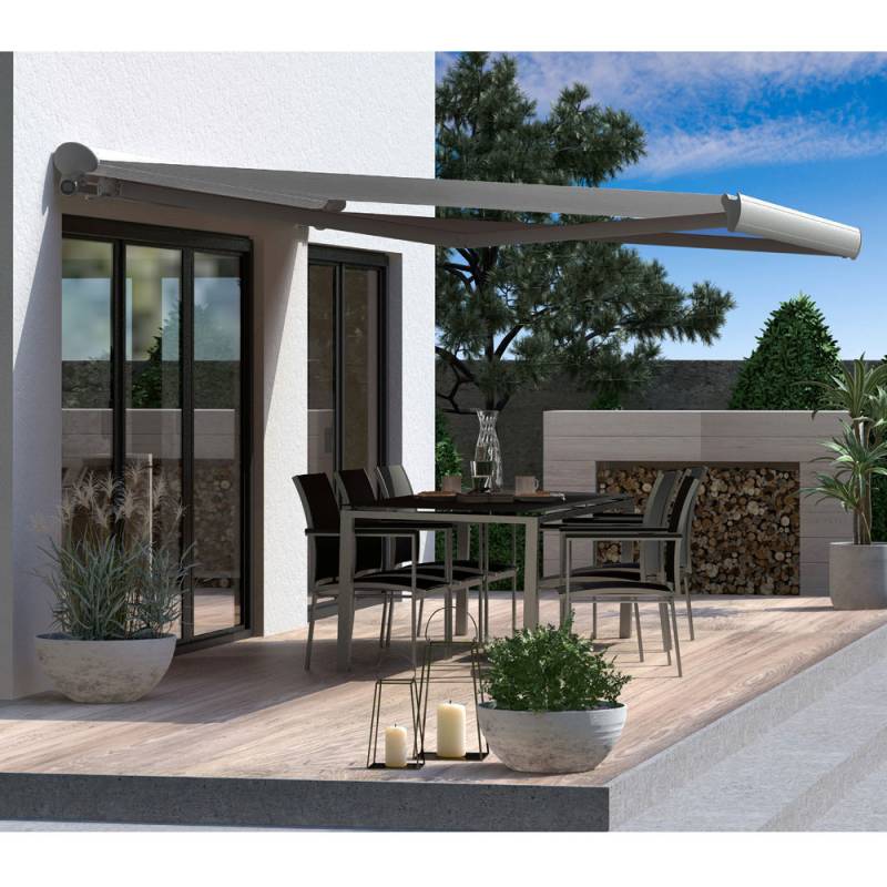 Halbkassettenmarkise H-Fine | 4x3 m | Stoff: grau meliert | Gestell: Graualu | Bedienung: Kurbelantrieb Halbkassettenmarkise H-Fine | 4x3 m | Stoff: grau meliert | Gestell: Graualu | Bedienung: Kurbelantrieb von SOWERO