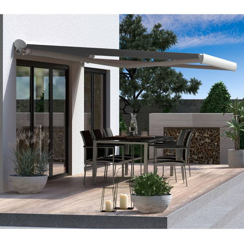 Halbkassettenmarkise H-Fine | 6x2 m | Stoff: dunkelgrau | Gestell: Weiß | Bedienung: Kurbelantrieb Halbkassettenmarkise H-Fine | 6x2 m | Stoff: dunkelgrau | Gestell: Weiß | Bedienung: Kurbelantrieb von SOWERO